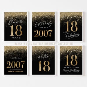 Decorações de aniversário de 18 anos para homens, placas para impressão de festa preta e dourada, pacote com 6 conjuntos, brinde aos 18 anos, nascido em 2007, Olá, 18, download instantâneo