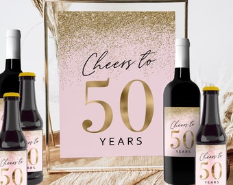 Cheers To 50 Years Printable Wine Bottle Label Beer Champagne Sign, 4 Sizes Pink Gold 50th Party Decoration Women Confetti Digital Download