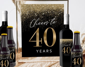 40th Birthday Bottle Label and Sign, Cheers To 40 Years, Black Gold Glitter Men's Beer (Printable)