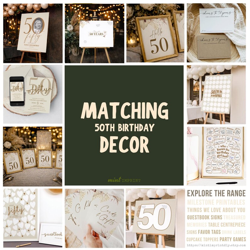 50th Birthday Party Sign In Gold Beige, 50 Things We Love About You Signature Board (Digital) image 8