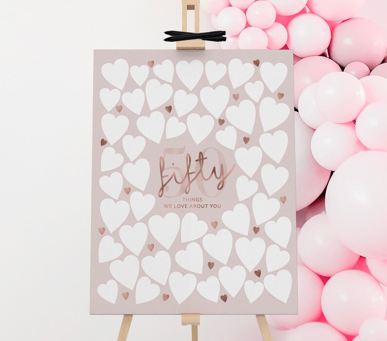 50. Geburtstags-Schild, Rosegold, Pink: 50 Dinge, die wir an dir lieben Gäste-Pinnwand (printable) Bild 13