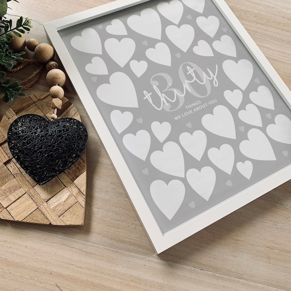 30 Things We Love About You Printable Poster Grey Template 30th Birthday Decorations Signature Frame Thirty Reasons Why You Loved Digital