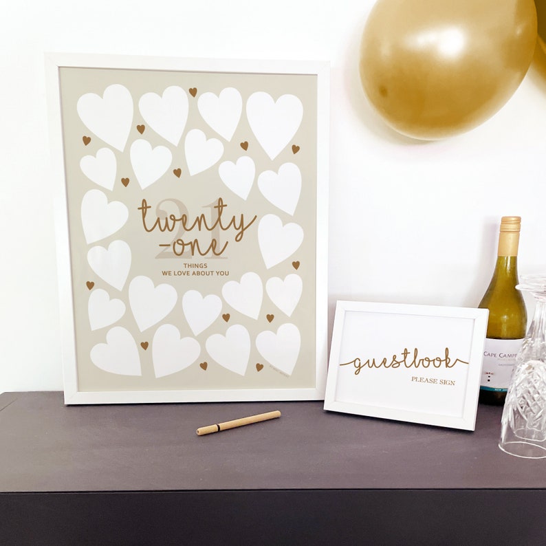 21st Birthday Sign using a White Frame, with a Guestbook Please Sign display frame, made as a digital printable download for 21st Birthday Decoration, a heartfelt keepsake for a 21 Year Old Girl