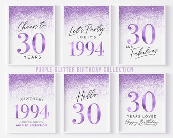 Purple 30th Birthday Decorations, Vintage 1994, Thirty and Fabulous Printable Birthday Signs for Women 6 Set