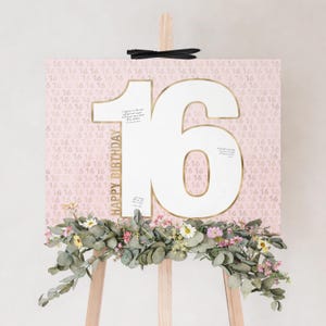 16th Birthday Memory Board, Girl Celebrating 16 Years, Pink Gold 16th Birthday Sign In Guestbook Number 16 Shape Frame Digital Download