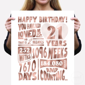 You Are Been Loved Al 21 jaar Maanden Weken Dagen Verjaardagsstatistieken, afdrukbaar bord 21e gelukkige verjaardag roségoud, lastminutecadeau of kaart