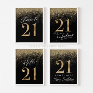 21 Jahre Geburtstags-Dekor, schwarz goldenes Zeichen-Bündel, Hallo 21 Jahre, geliebt, jubelt (Digital 4 Set)