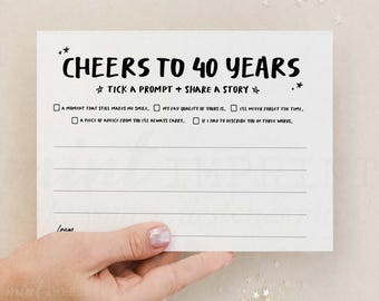 40th Birthday Activity, Share a Memory or Wish Cards Cheers to 40 Years, DO1 (Editable)