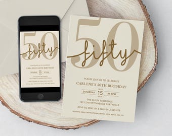 Inbjudan till 50-årsdag för man eller kvinna, neutral beige festinbjudan (Canva-mall)