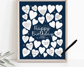 No Age Specified, Happy Birthday, Things We Love About You, Any Age Write On Birthday Template Navy Blue Digital Instant Download
