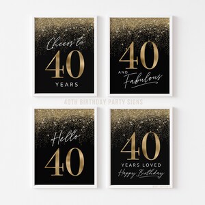 Placa de aniversário masculina de 40 anos: Decoração de mesa preta e dourada número 40 (conjunto digital com 4 peças)