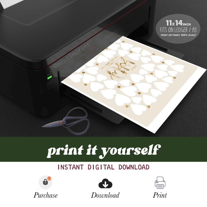 May include: A black printer outputting a white sheet of paper featuring a gold script design that reads Fifty with numerous white heart shapes. The paper is labeled 11x14 inch fits on ledger / A3 print settings 100% scale. A pair of scissors lies nearby.