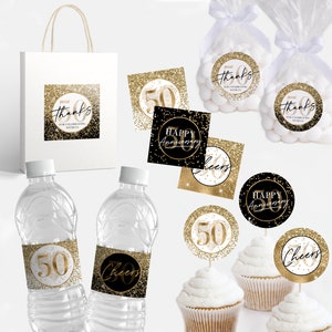 50th Wedding Anniversary Decorations Printable Bundle, Cupcake Toppers, Favor Tags Water Bottle Labels, Black Gold Glitter Party Confetti