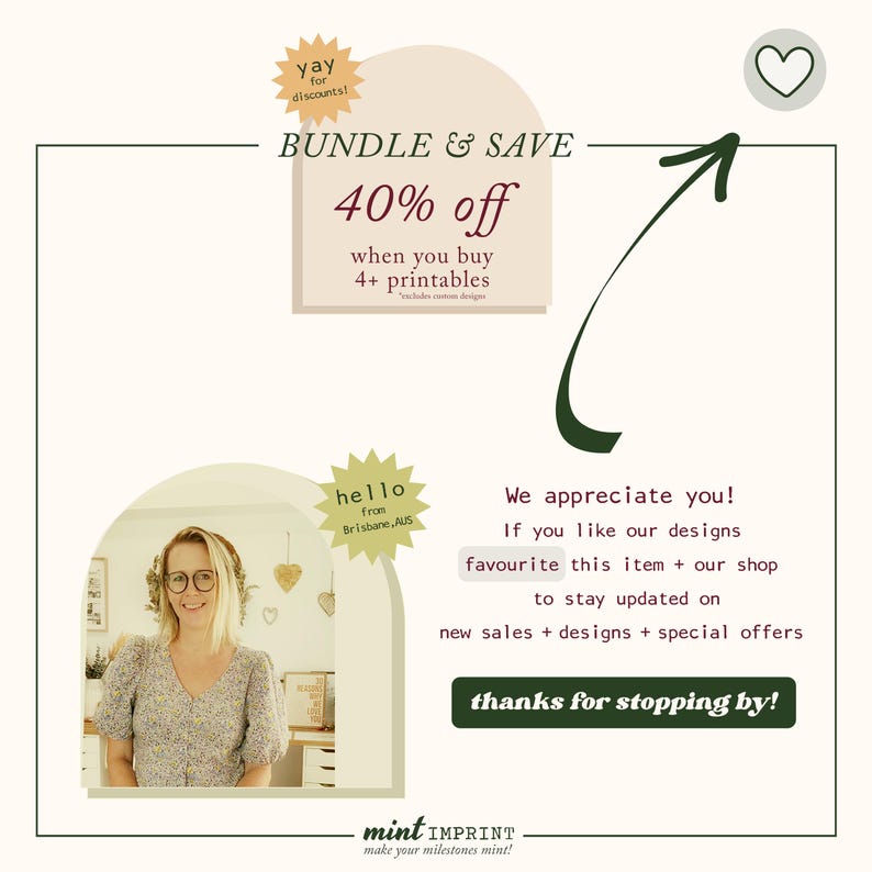 May include: A promotional graphic with text that reads "BUNDLE & SAVE 40% off" and "when you buy 4+ printables". The image also includes the text "We appreciate you!" and "thanks for stopping by!"