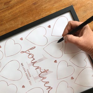 14 Dinge, die wir an Ihnen lieben Rosegold Party Dekor, bedruckbares Schild 14.Geburtstag Dekoration Mädchen, zum Schreiben In Herzen, Teenager Party, Digital