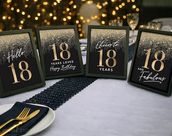 Male 18th Birthday Signs: Black and Gold Table Decor 18 Glitter (Digital 4 Set)