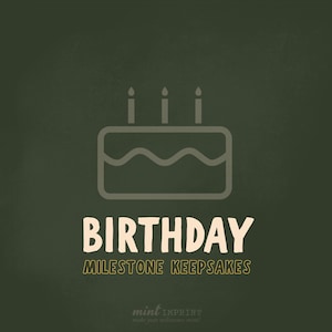 May include: A graphic on a dark green background features a cake with three candles and the word "BIRTHDAY" in a bold, off-white font. Below, the text "MILESTONE KEEPSAKES" is in a smaller, gold font. The image promotes birthday-themed keepsakes.