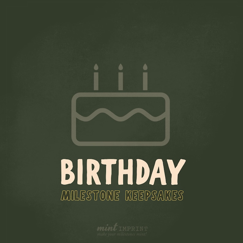 May include: A graphic on a dark green background features a cake with three candles and the word "BIRTHDAY" in a bold, off-white font. Below, the text "MILESTONE KEEPSAKES" is in a smaller, gold font. The image promotes birthday-themed keepsakes.