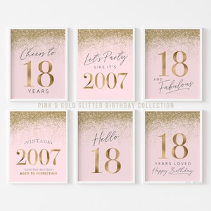 Decoraciones para el 18.º cumpleaños de niña, set de 6 letreros imprimibles en rosa y dorado para fiestas, confeti vintage de Hello 18 Cheers 2007 con purpurina, dieciocho