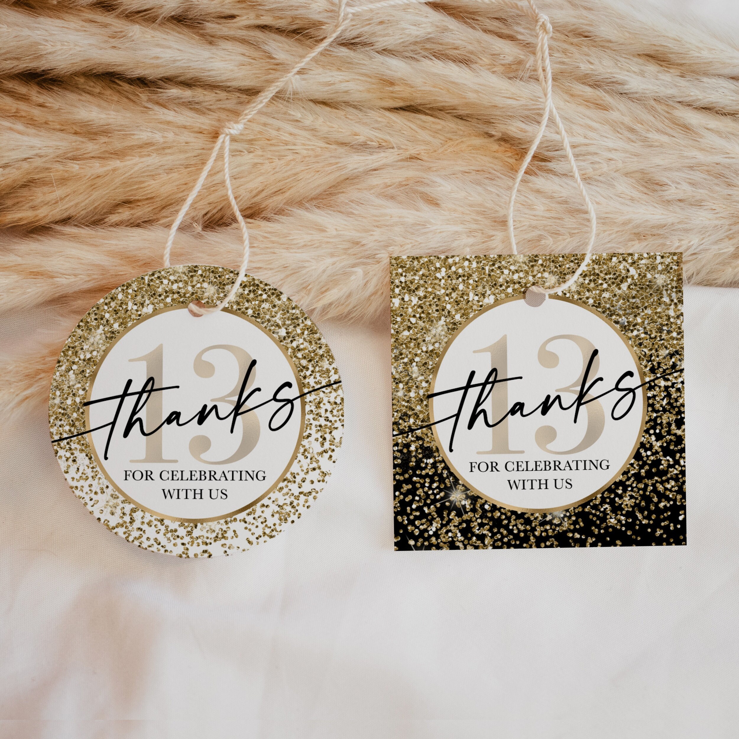 13th Birthday Favor Tags Gold Glitter Birthday Decoration 13 Year Old, Thanks for Celebrating, Printable Download