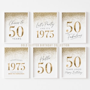Gold 50th Birthday Party Decorations, Printable 50 Birthday Signs for Women Born 1975, Hello Fifty Cheers Happy Vintage 1975 Glitter 6 set