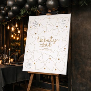 21 Things We Love About You Gold Party Decor, Printable Sign 21st Birthday Decoration Women, Write Hearts Guest Book Board Twenty-One image 7