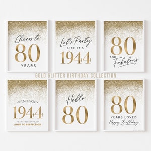 80th Birthday Signs Gold Decorations Printable Signs for Women's Party Decor Hello 80 Vintage Born in 1944 Eighty Years Old Signs 6 set