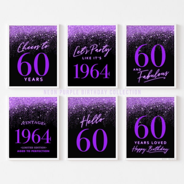 Décoration 60e anniversaire néon violet noir, signes d'anniversaire Cheers Loved 60 ans pour femme, fête phosphorescente années 60 comme si c'était en 1964 Born Hello Sixty 6