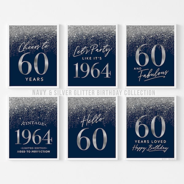 Navy Blue Silver Happy 60th Birthday Signs, 1964 Printable Decorations Blue Eighty Hello 60 Vintage 1964 6 set INSTANT DOWNLOAD