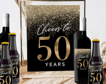 50th Birthday Bottle Label and Sign, Cheers To 50 Years, Black Gold Glitter Men's Beer (Printable)