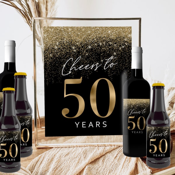 Cheers To 50 Years Panneau d'anniversaire imprimable Étiquette de bouteille de vin Bière Champagne, 4 tailles Noir et Or Décoration de fête 50ème homme Cinquante paillettes