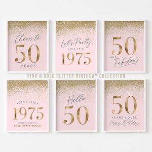 50th Birthday Decorations for Women | Pink Gold Party Supplies | Printable Signs Set 6 | Hello 50 Cheers Vintage 1975 Glitter | Fifty Years