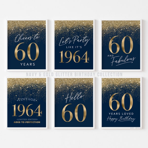 Navy Blue Gold Happy 60th Birthday Signs, 1964 Printable Decorations Blue Eighty Hello 60 Vintage 1964 6 set INSTANT DOWNLOAD