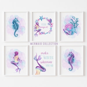 Mermaid Bedroom Printable Wall Art Poster Set of 6, Purple Pink Aqua Mermaid Girls Decor Nursery Art Pastel Girls Room Bundle Art Nursery