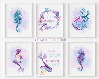 Mermaid Bedroom Printable Wall Art Poster Set of 6, Purple Pink Aqua Mermaid Girls Decor Nursery Art Pastel Girls Room Bundle Art Nursery