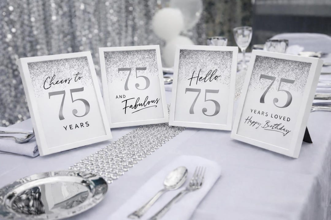 Silver Glitter 75th Birthday Decorations, Seventy-five Table Sign 75 ...