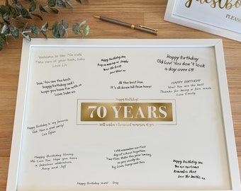 70th Signature Board, Gold Party Printable Sign Poster Happy 70 Year Old Birthday Well Wishes Treasured Memories, Seventy Years Memory Board