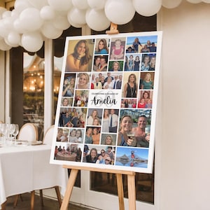 May include: A white photo collage on an easel, featuring numerous photos of a person named Amelia. The collage is titled "Celebrating 6 Decades of Amelia" in black script. The easel is made of light brown wood, and the background includes white balloons.