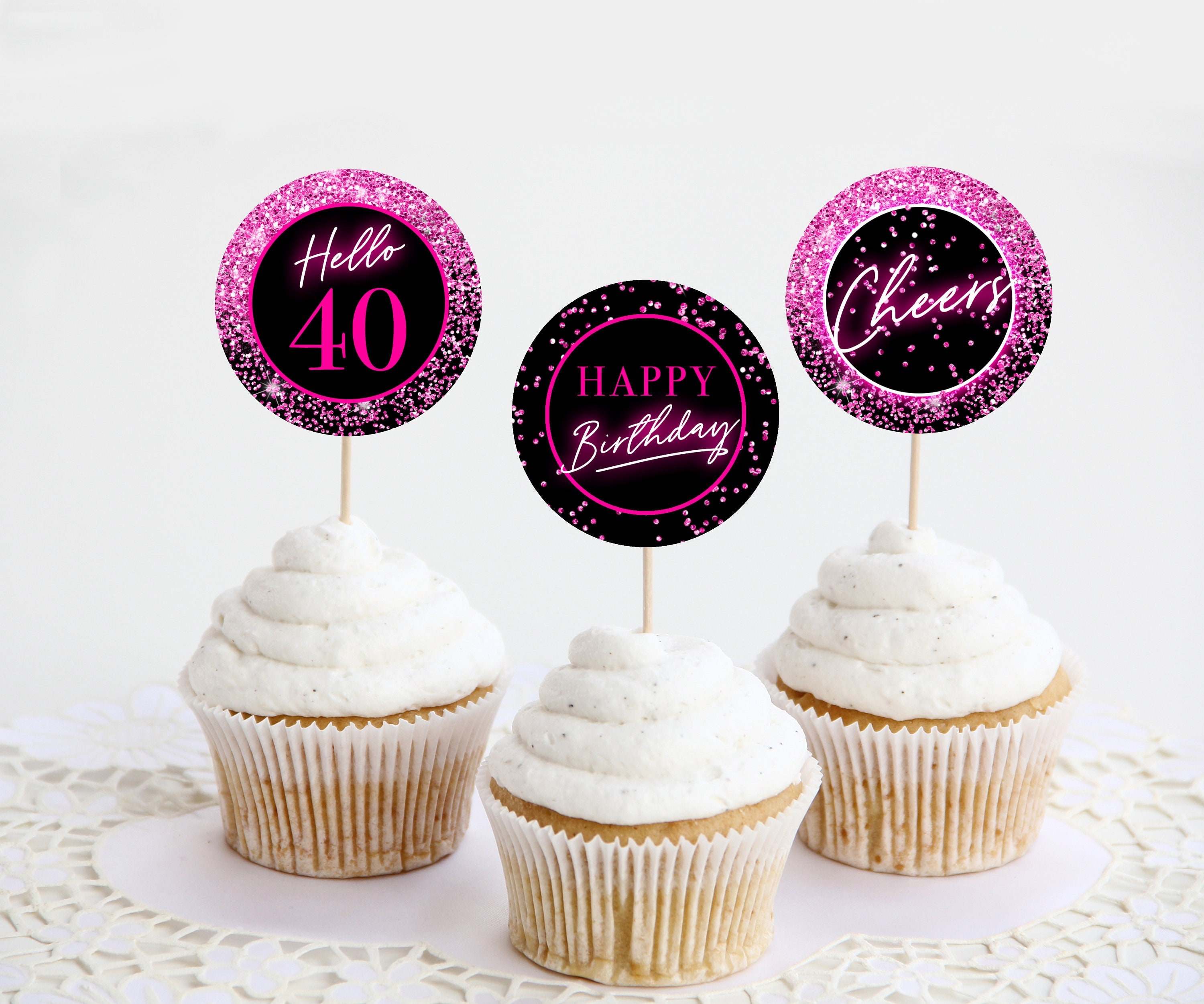 cupcake Toppers para decorar tartas 40 cumpleaños fiesta Happy Birthday 40th Cake Topper hombre decoración de cumpleaños para mujer feliz cumpleaños purpurina 40th cumpleaños 