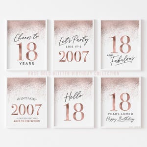 Decoración de mesa para el 18.° cumpleaños, letreros de fiesta imprimibles en oro rosa, saludos por los 18 años, fiesta como si fuera 2007, póster para el 18.° cumpleaños de mujeres, juego de 6