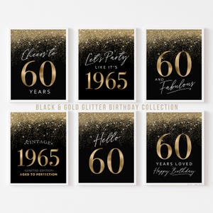 60th Birthday Decorations | Black and Gold Posters for Men Turning Sixty | Party Sign 60 Hello Cheers Vintage 1965 | Printable Digital 6 set