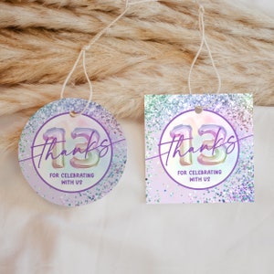 Etiquetas de regalo para el 13.º cumpleaños, decoraciones para niñas, arcoíris pastel morado, etiqueta de regalo imprimible para adolescentes, gracias por celebrar 13 años.