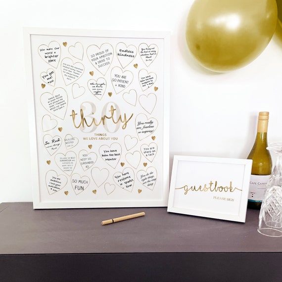 Gold 30 Things We Love About You Printable 30th Birthday Sign for Women, Write In Hearts Guest Book Keepsake Board Frame Thirty Reasons Why