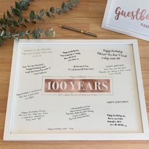 Cartel imprimible con firmas de 100 años Feliz cumpleaños número 100 Oro rosa Buenos deseos y recuerdos preciados, cartel de recuerdos del siglo feliz