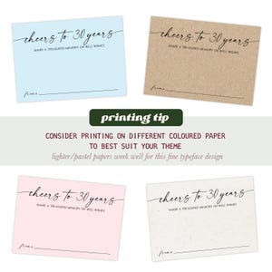 Pu&ograve; includere: Quattro cartoncini rettangolari con il testo nero "cheers to 30 years" e "SHARE A TREASURED MEMORY OR WELL WISHES" sopra una riga "from:". I cartoncini sono azzurri, color carta paglia, rosa chiaro e bianco sporco. Un riquadro verde dice "printing tip".