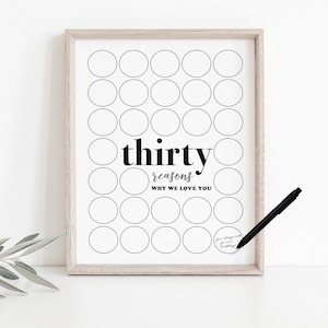 Thirty Reasons Why We Love You Printable, Modern Minimalist Circles Party Decoration Men's 30th Birthday Sign In Signature Frame 30 Things