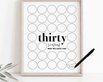Thirty Reasons Why We Love You Printable, Modern Minimalist Circles Party Decoration Men's 30th Birthday Sign In Signature Frame 30 Things