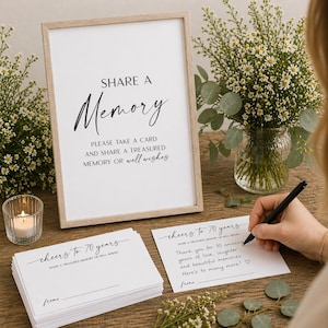 May include: A framed sign with black text reading SHARE A Memory PLEASE TAKE A CARD AND SHARE A TREASURED MEMORY OR well wishes, alongside a stack of white cards with the text cheers to 70 years and a hand writing on a card with a black pen.