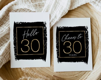 30th Birthday Signs in Black Gold, Party Decorations for Men's 30th Birthday, Table Signs Hello Fifty Welcome Brush 1994 6 set Printables