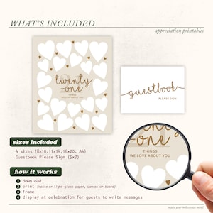 May include: Printable guest book sign with a heart design and the text "twenty-one things we love about you". The sign is beige with brown text and hearts. The sign is part of a set of printable guest book signs for a 21st birthday party.